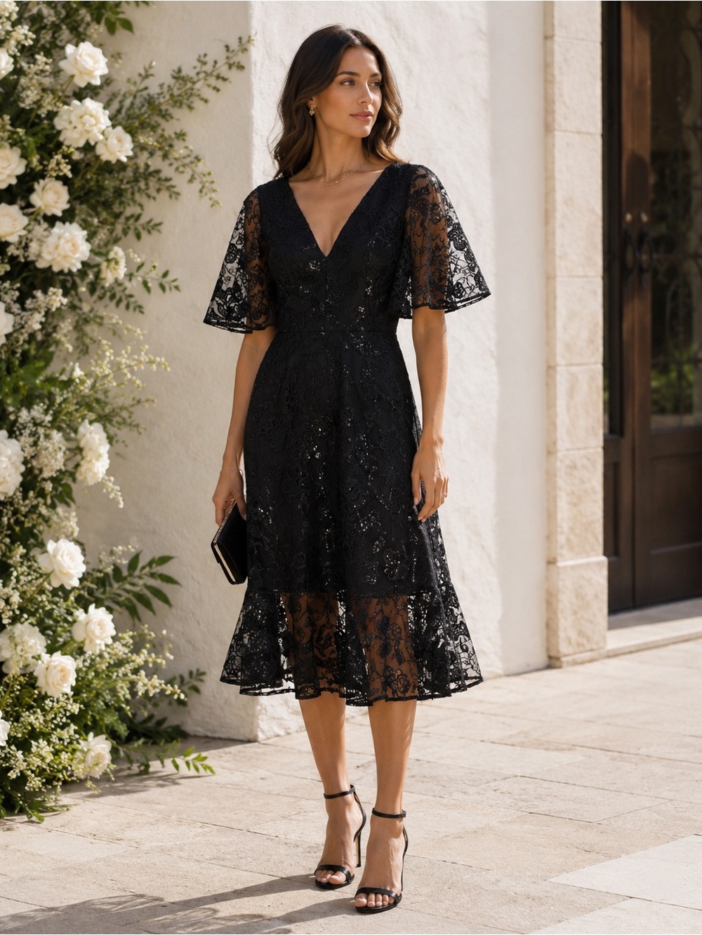 NEW Dress The Population Women’s Roseanna Dress Black Midi Flutter Sleeve XS